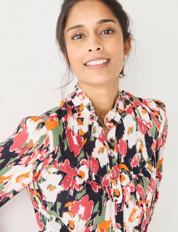 Chemisier imprimé col volanté, crépon (marine / rose) Chemisier imprimé col volanté, crépon (marine / rose)